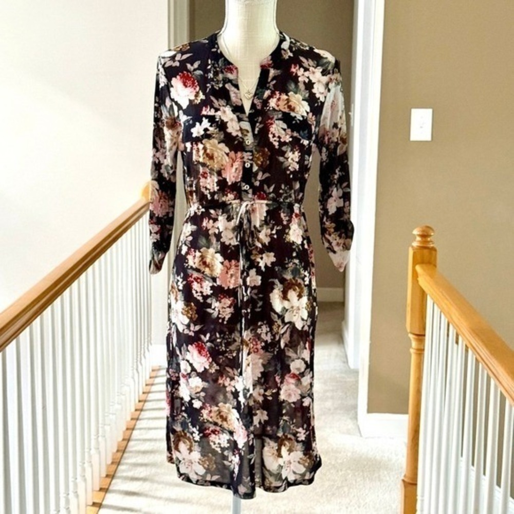 Siren Lily Maternity Floral Mesh Shirt Dress Black Pink Roll Tab Sleeves‎